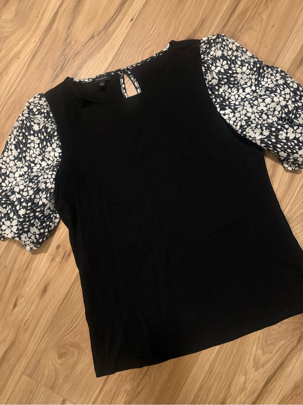 Talbots Black Top with black/white Floral Puff Sleeves